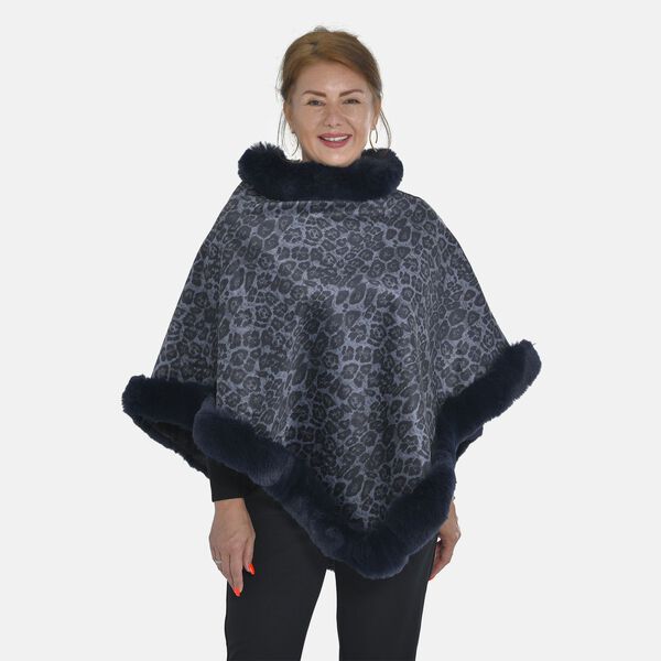 Kunstfell Poncho mit Leopardenmuster, dunkelblau image number 4