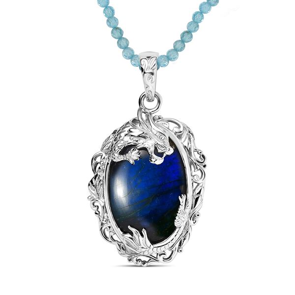 AAA Labradorit, Apatit Halskette ca. 45 cm 925 Silber rhodiniert ca. 72.70 ct