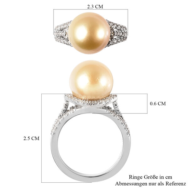 Goldene Südsee Perle und Zirkon Ring 925 Silber Rhodium-Überzug image number 6