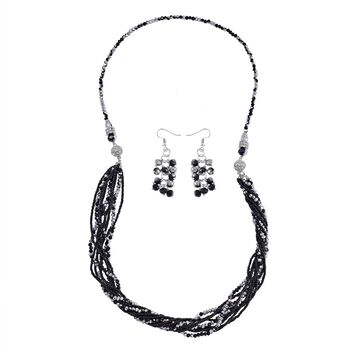 2er Set - mehrschichtiger Halsketten und Ohrringe, Schwarz-silberfarbene Kristallperlen und wei&szlig;e Kristalle