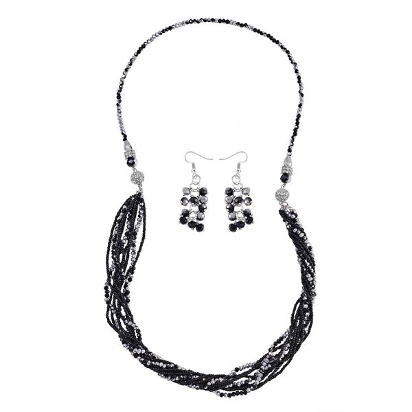 2er Set - mehrschichtiger Halsketten und Ohrringe, Schwarz-silberfarbene Kristallperlen und wei&szlig;e Kristalle