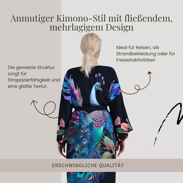 Kimono mit G&uuml;rtel, tropischem Blumenmuster, 128&times;78 cm, Dunkelblau image number 4