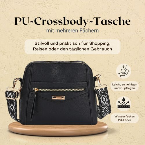Crossbody-Tasche mit Mehrfachfächern, Kunstleder, 24 x 9,5 x 21 cm, Schwarz