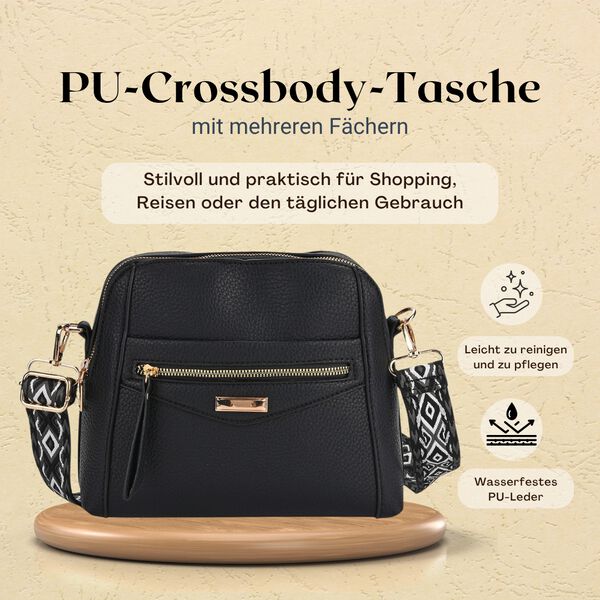 Crossbody-Tasche mit mehreren Rei&szlig;verschlussf&auml;chern und abnehmbarem Gurt, 25x9x18cm, Schwarz