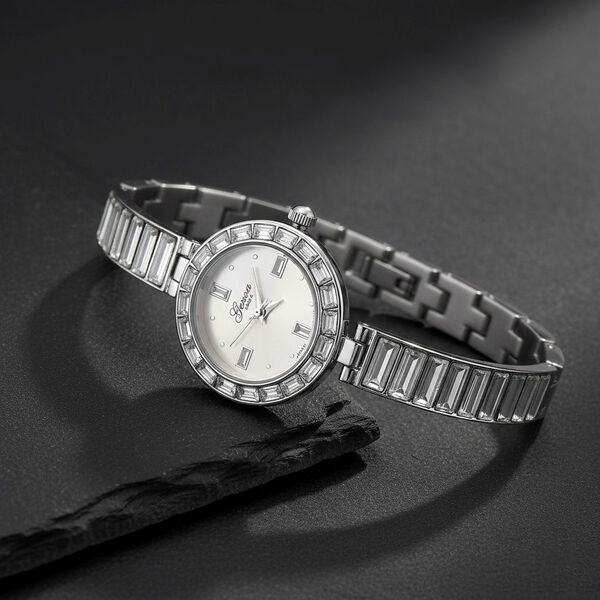 GENOA Time V2, Wei&szlig; diamantfarbene Zirkonia, Kristalluhr, japanisches Uhrwerk, 316L Edelstahl, Wei&szlig; image number 2