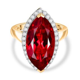 D’joy Synthetischer Padparadscha-Saphir, Weißer Zirkon Ring 925 Silber 750 Gelbgold Vermeil (Größe 17.00) ca. 11,92 ct