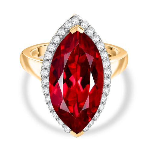 D’joy Synthetischer Padparadscha-Saphir, Weißer Zirkon Ring 925 Silber 750 Gelbgold Vermeil (Größe 17.00) ca. 11,92 ct image number 0