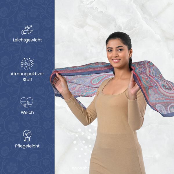 Bedruckter Schal aus 100% Seide, Mehrfarbiges Muster und dunkelblaue Bordüre, 70x200 cm image number 3