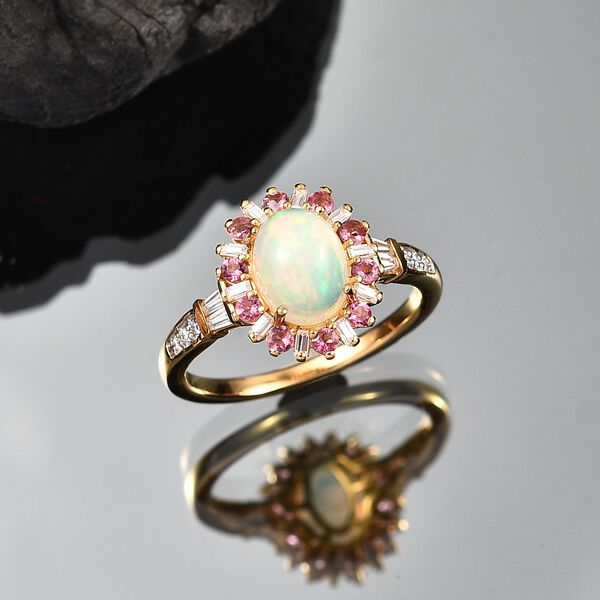 AA Natürlicher, äthiopischer Welo Opal, rosa Turmalin und Moissanit Ring - 1,95 ct. image number 2