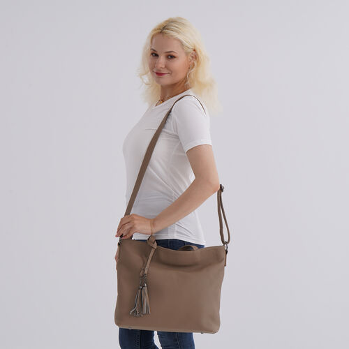 Echtleder-Tote-Bag mit Reißverschlussfach hinten, Doppeltragegriff und Schulterriemen, 35x10x33 cm, Khaki image number 1