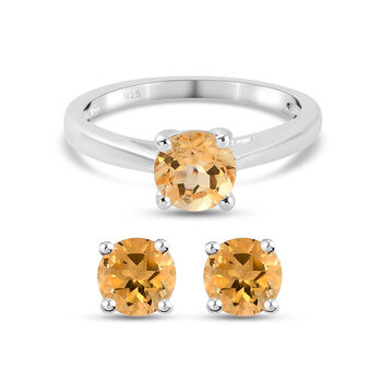 2er - Set Citrin Solit&auml;r-Ring und Ohrstecker, 925 Silber ca. 1,68 ct