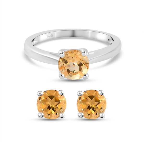 2er - Set Citrin Solit&auml;r-Ring und Ohrstecker, 925 Silber ca. 1,68 ct