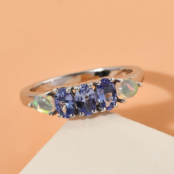 Tansanit und natürlicher, äthiopischer Opal-Ring, 925 Silber platiniert  ca. 0,86 ct image number 2