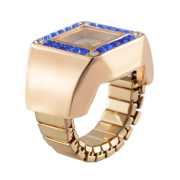 STRADA - Ringuhr mit blauem Kristall und Weißkristall, Japanischem Uhrwerk, 7.5 cm, Reiner Edelstahl, vergoldet image number 3