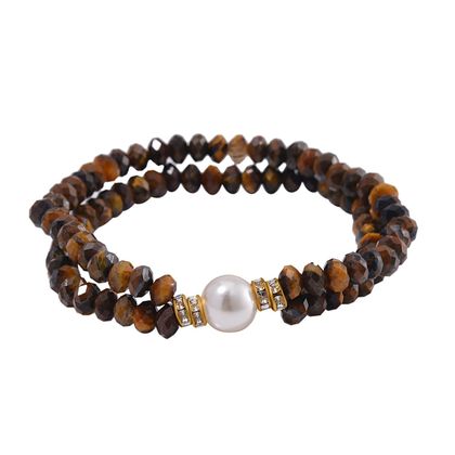 Muschelkernperle-Armband mit Tigerauge und Wei&szlig;em Kristall, flexibel, vergoldet