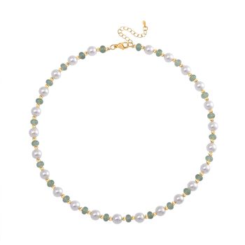 Wei&szlig;e Muschelkernperle (7-9 mm), Gr&uuml;ner Quarz Halskette ca. 45 cm+ 5 cm Extender, gelb vergoldet