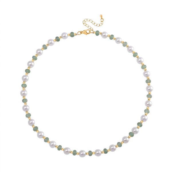 Wei&szlig;e Muschelkernperle (7-9 mm), Gr&uuml;ner Quarz Halskette ca. 45 cm+ 5 cm Extender, gelb vergoldet image number 3