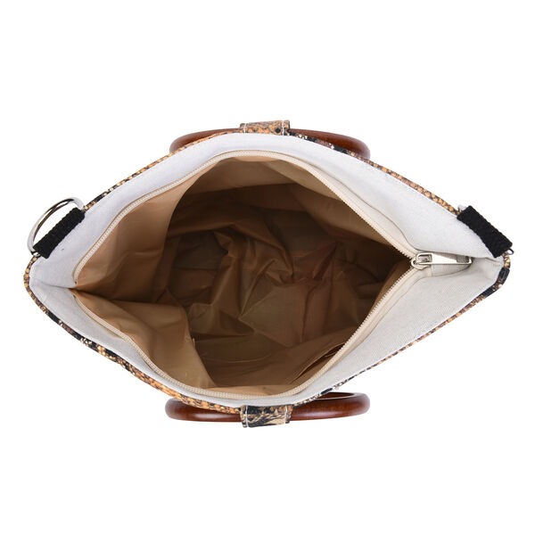 Handtasche mit Holzgriff, Schlangenhautmuster, Gr&ouml;&szlig;e 32x12x29cm, Schwarz und Gelb image number 3