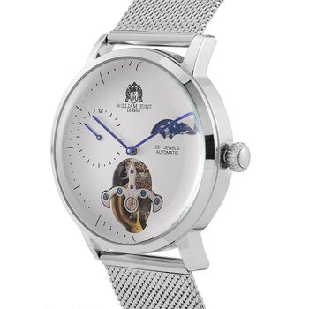 William Hunt Automatik-Uhr - IP-schwarzbeschichtetes Edelstahlgeh&auml;use, wei&szlig;es Multifunktionszifferblatt mit gew&ouml;lbtem Glas, Edelstahl-Mesh-Armband, Glasboden, 5 ATM wasserdicht, Reiner Edelstahl