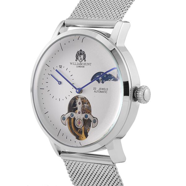 William Hunt Automatik-Uhr - IP-schwarzbeschichtetes Edelstahlgeh&auml;use, wei&szlig;es Multifunktionszifferblatt mit gew&ouml;lbtem Glas, Edelstahl-Mesh-Armband, Glasboden, 5 ATM wasserdicht, Reiner Edelstahl image number 3