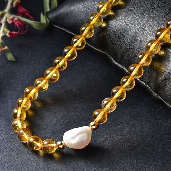 Citrin-Perlen und wei&szlig;e Barockperle Halskette, 45 cm