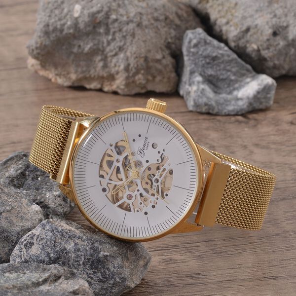 GENOA Automatik Mechanische Uhr mit Wei&szlig;em Sonnenschein-Hohlzifferblatt und Modernem Minimalistischem Runddesign, goldfarben image number 1