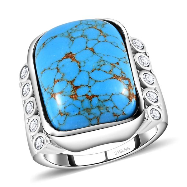 Blauer Türkis, Weißer Zirkon Ring, Edelstahl, (Größe 16.00) ca. 11.72 ct image number 4