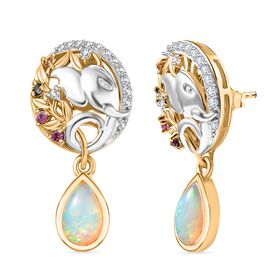 D'Joy AA Natürlicher, äthiopischer Welo Opal, Mehrfarbig Saphir Ohrringe 925 Silber Rhodiniert und 750 Gelbgold Vermeil ca. 1,63 ct.