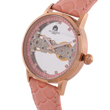 William Hunt Automatik-Uhr, Hohles Zifferblatt mit wei&szlig;en Kristallen, rosa Lederarmband, 5ATM wasserdicht
