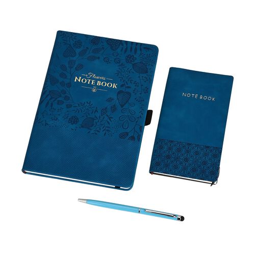 Premium Set; Notizbuch und Taschentagebuch mit geschnitztem, samtigem Hardcover und Kugelschreiber, Marineblau image number 0