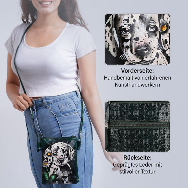 VIVID by SUKRITI Handbemalte Umhängetasche aus echtem Leder, Schwarz, 15,75x19,80cm, Hund image number 4