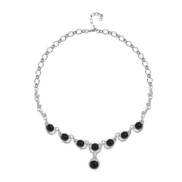 Schwarzes Obsidian, wei&szlig;es Kristall Collier, ca. 50 cm + 5 cm Extender