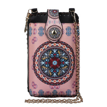 Boho Stil Crossbody Handytasche, Gr&ouml;&szlig;e 18x10,5 cm, Rosa und Mehrfarbig