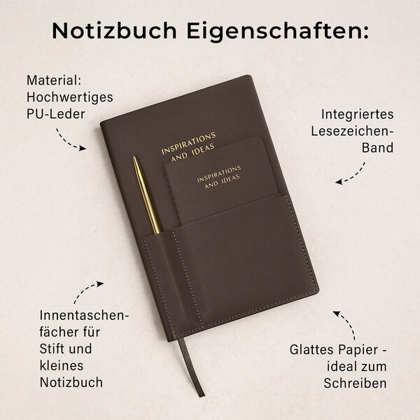 Notizbuch-Set, Braun, 2 Größen, PU-Einband, Metallstift, Geschenkbox Schwarz image number 3