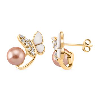 Pfirsich Muschelperle (7-9 mm), Wei&szlig;es Perlmutt Ohrringe, Nickelfreies Messing, golfarben