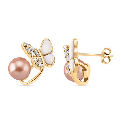 Pfirsich Muschelperle (7-9 mm), Wei&szlig;es Perlmutt Ohrringe, Nickelfreies Messing, golfarben