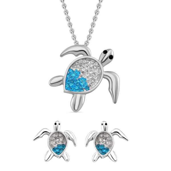 2er Set - Wei&szlig;er Kristall, Blauer Kristall Halskette und Ohrringe, silberfarben