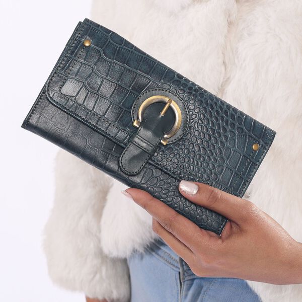 Echtleder Portemonnaie mit Krokopr&auml;gung und RFID-Schutz, 19,5x11,45 cm, petrol image number 2