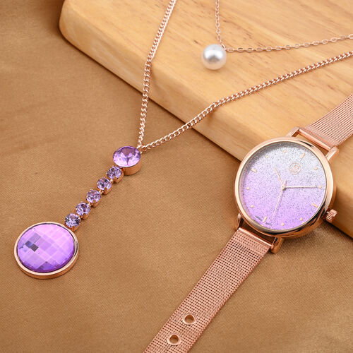2er-Set - STRADA Uhr und Halskette mit lila Kristall - 6 ct. image number 1