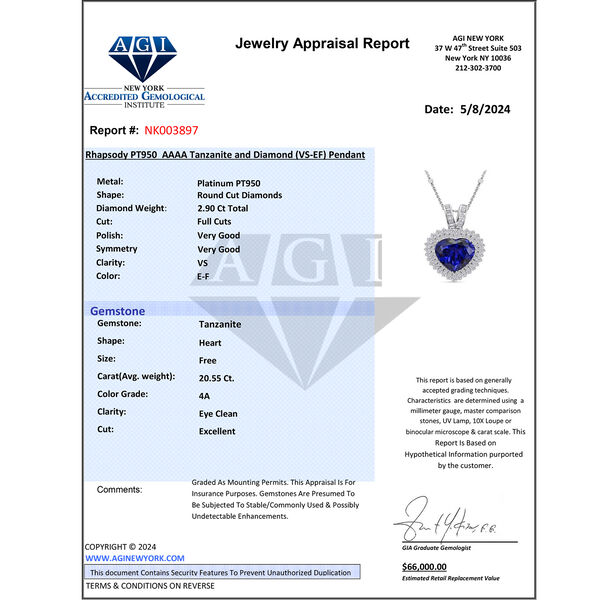 Chairman's Vault Collection - zertifiziert und gepr&uuml;ft RHAPSODY AAAA Tansanit und VS-EF Diamant Herz-Anh&auml;nger mit 45cm Kette in 950 Platin - 23,46 ct. image number 8