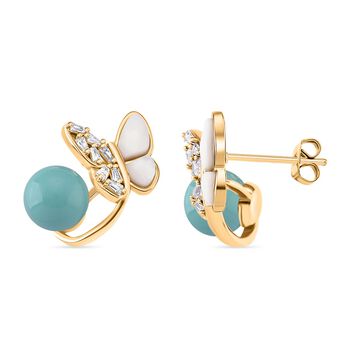 Sleeping Beauty Farbe Muschelkernperle (7-9 mm), Wei&szlig;es Perlmutt Ohrringe, Nickelfreies Messing, golfarben