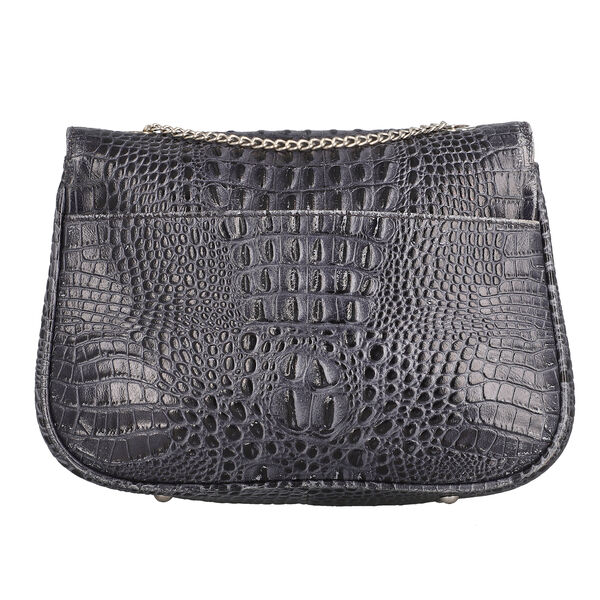 Umhängetasche aus echtem Leder mit Kroko-Prägung und Kettenriemen, Schwarz  image number 5