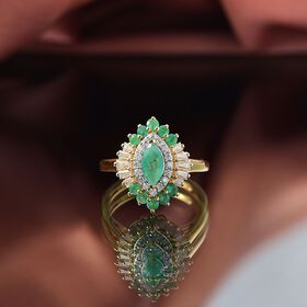 Djoy Kagem Sambischer Smaragd, Moissanit Ring 925 Silber 750 Gelbgold Vermeil (Größe 18.00) ca. 1.31 ct