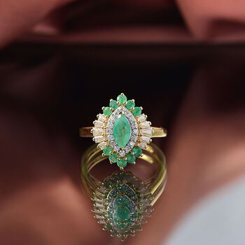 Djoy Kagem Sambischer Smaragd, Moissanit Ring 925 Silber 750 Gelbgold Vermeil (Gr&ouml;&szlig;e 18.00) ca. 1.31 ct