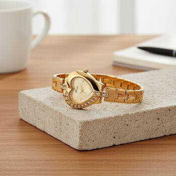 GENOA TIME - Herz-Armbanduhr Legierung, nickelfreies Messing, goldfarben, mit wei&szlig;en Kristallen, Zifferblatt Gold-Sunshine, 3 ATM wasserdicht