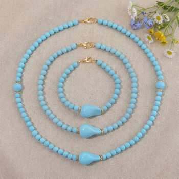 3er Set Muschelkernperlen-Schmuckst&uuml;cke in Sleeping Beauty-Farbe, bestehend aus Armband (ca. 19 cm) und zwei Halsketten (ca. 40 cm und 50 cm), gelb vergoldet