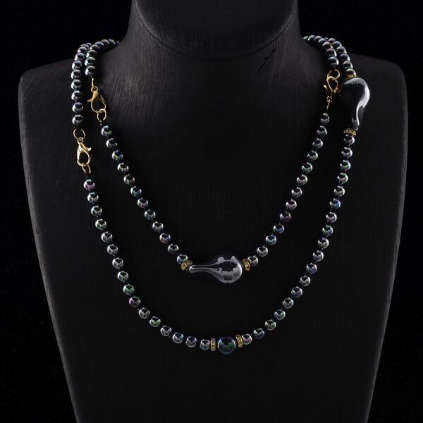 3er Set Pfauenfarbene Muschelkernperlen-Schmuckstücke, bestehend aus Armband (ca. 19 cm) und zwei Halsketten (ca. 40 cm und 50 cm), gelb vergoldet image number 2