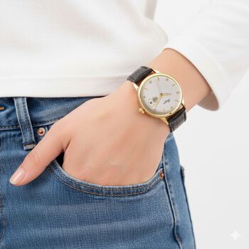 GENOA - Moissanit, Automatik-Armbanduhr mit Herz-Design und Datumsanzeige, Dandong-Uhrwerk, Wei&szlig;es Zifferblatt, Goldfarben, Schwarz Lederarmband, 36 mm