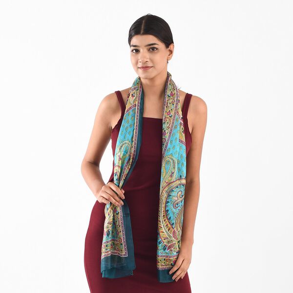 100% Seidenschal, bedruckt mit Paisleymuster, 50x160cm, Marineblau image number 3