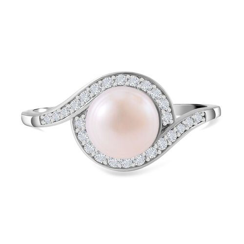 Weiße Süßwasser Perle, weißer Zirkonia Ring, 925 Silber rhodiniert (Größe 20.00) ca. 0.24 ct image number 0